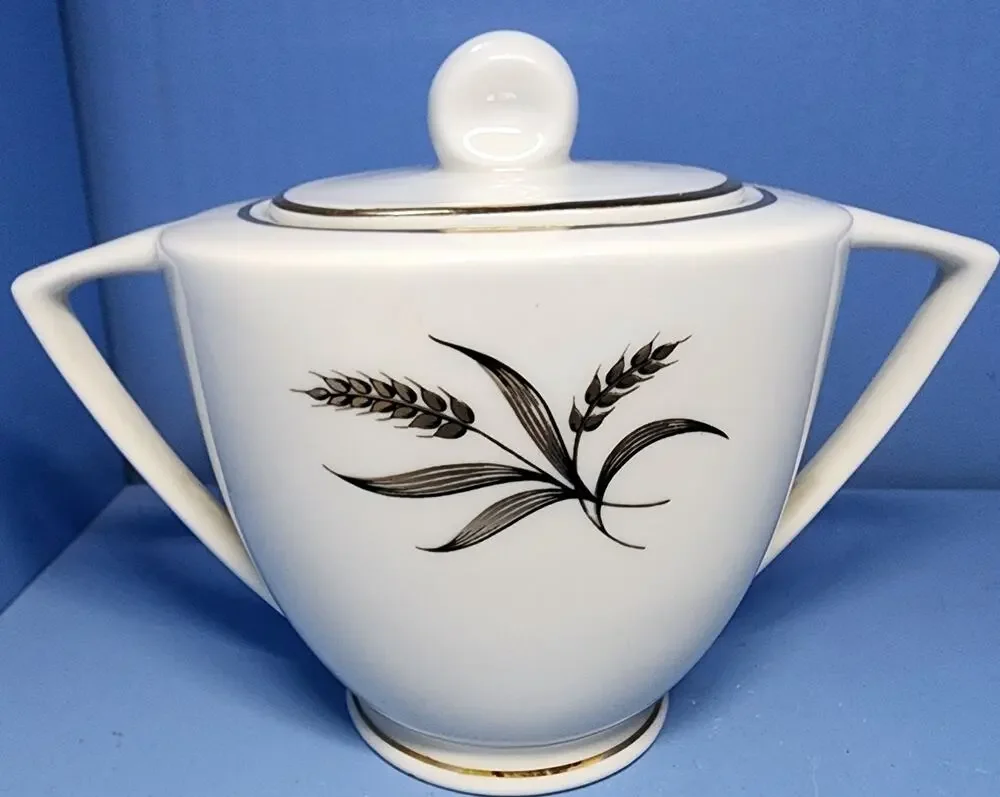 EMBASSY USA Vitrified Gold Black Wheat Pattern Sugar Bowl & Lid Pointed Handles
